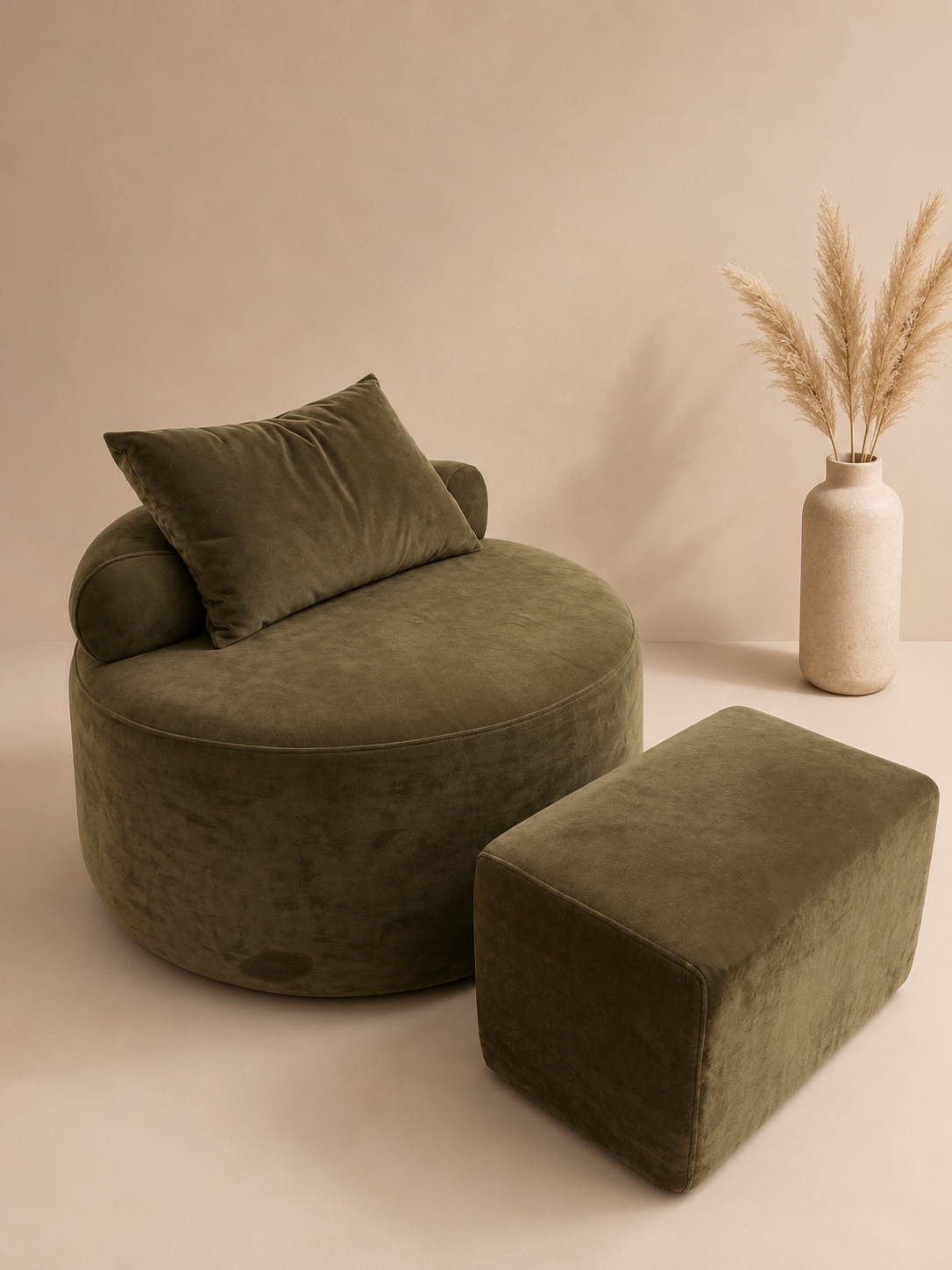 Olive green velvet daybed and ottoman