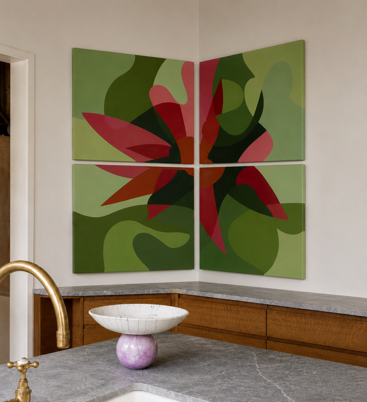 Four panel abstract painting in green and red, acrylic on canvas