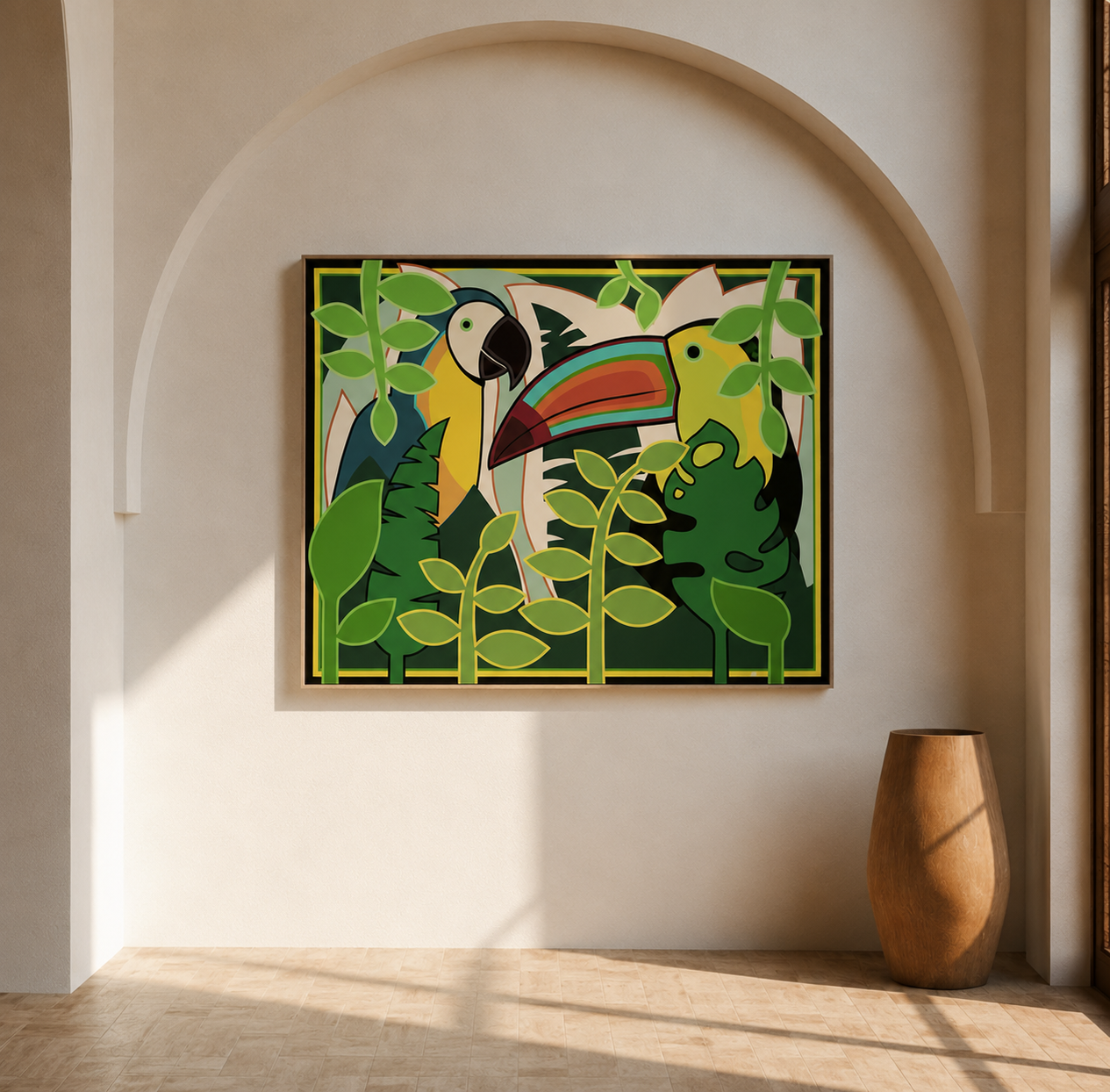 Colorful parrot and toucan jungle canvas painting