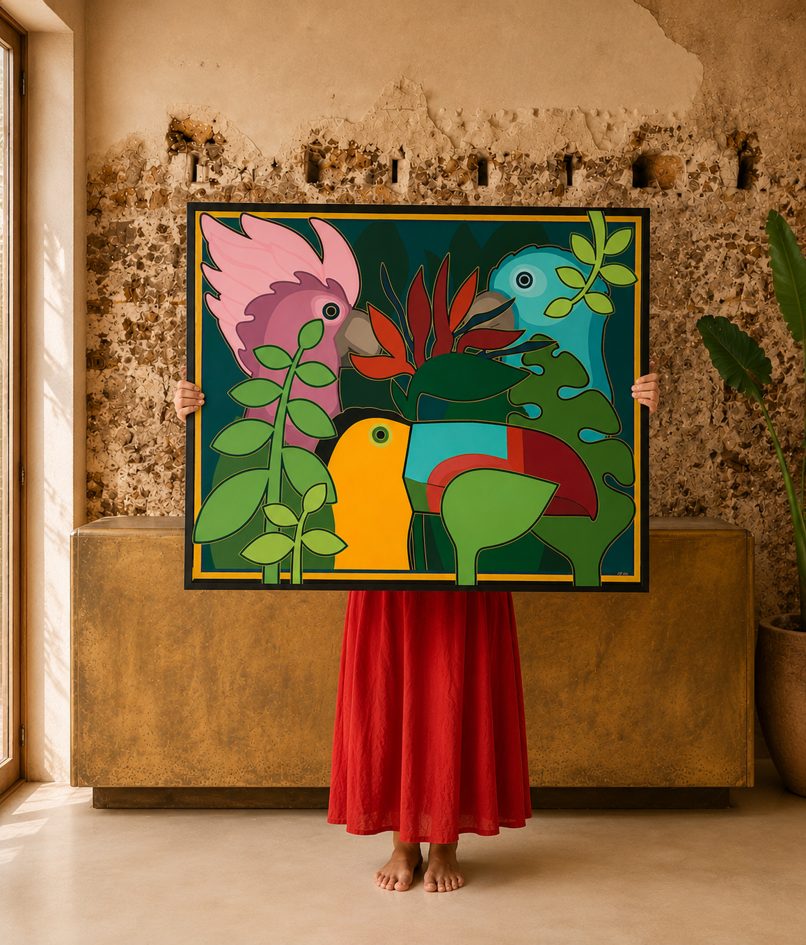 Colorful tropical birds abstract painting, held