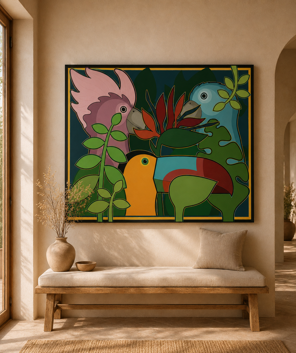 Colorful tropical birds abstract painting