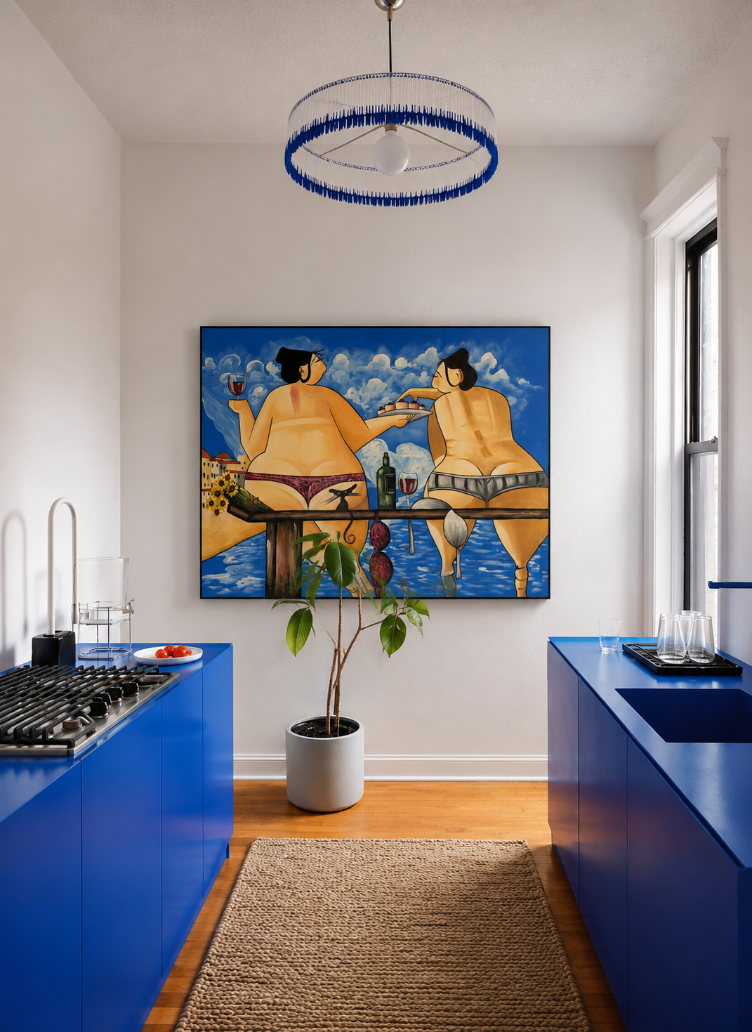 Original painting of two women at a table by the sea