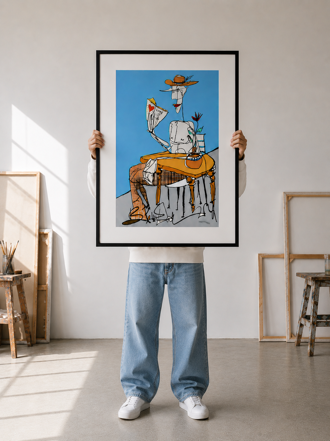 Framed art print, held