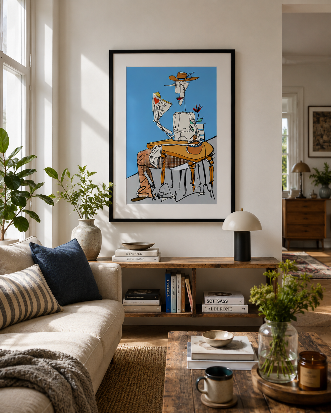 Framed art print of a figure reading a newspaper