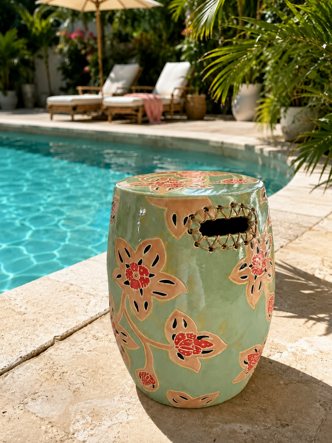 Hand-painted ceramic garden stool, outdoor
