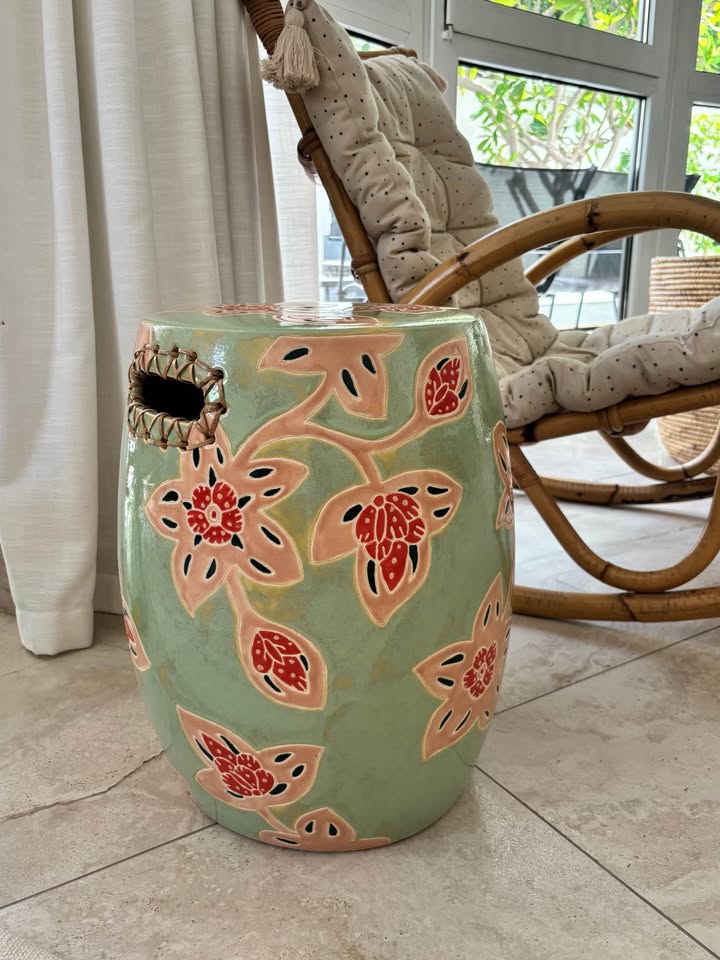 Hand-painted ceramic garden stool, full view