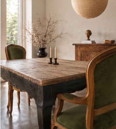 Bloomingdale's rustic dining table with green velvet chairs, alternate angle